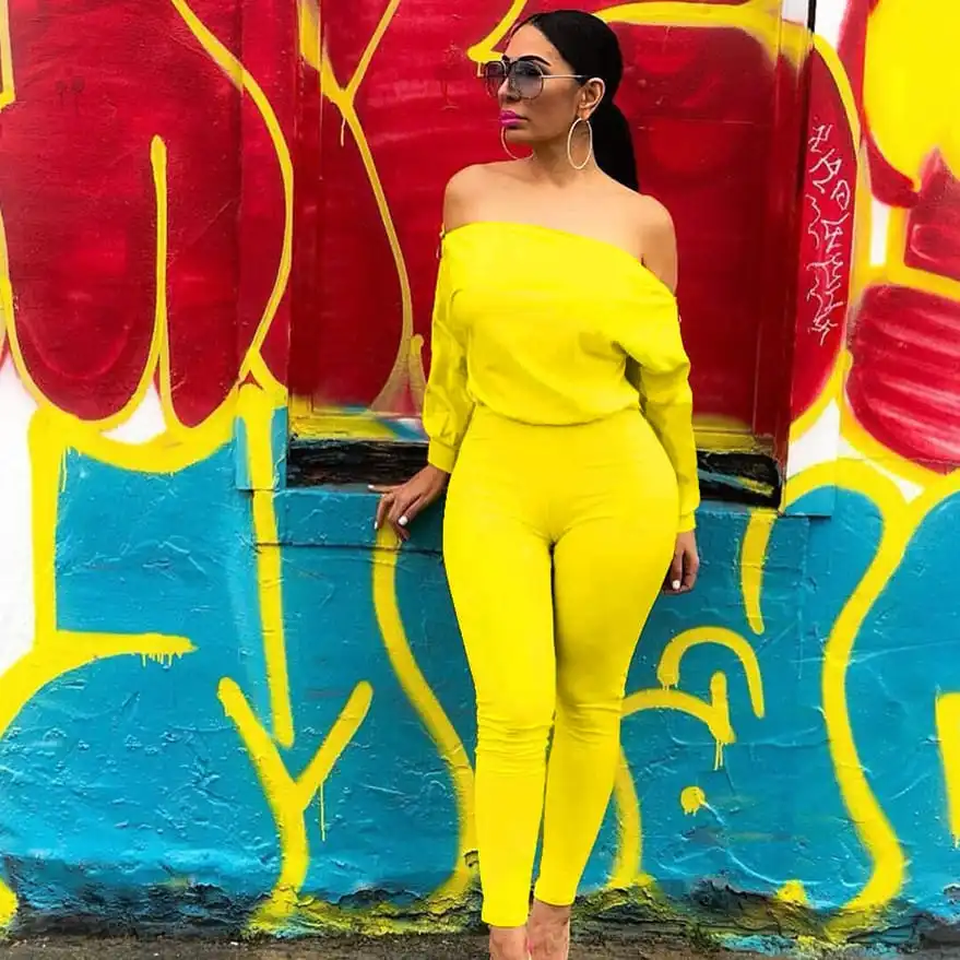 S-XL Women Fashion Solid Color Zipper Off-the-shoulder Jumpsuits