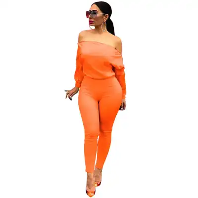 S-XL Women Fashion Solid Color Zipper Off-the-shoulder Jumpsuits