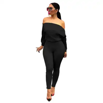 S-XL Women Fashion Solid Color Zipper Off-the-shoulder Jumpsuits