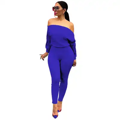 S-XL Women Fashion Solid Color Zipper Off-the-shoulder Jumpsuits