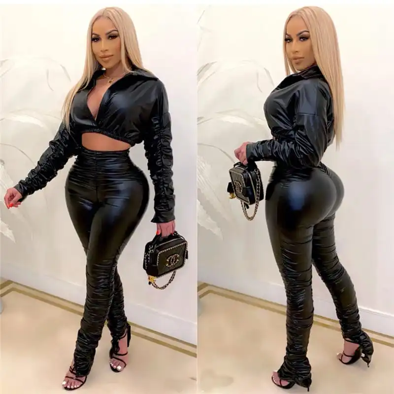 S-2XL Women Fashion PU Leather Solid Color Lapel Top And Crease Pants Two Pieces Set