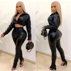 S-2XL Women Fashion PU Leather Solid Color Lapel Top And Crease Pants Two Pieces Set