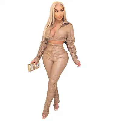 S-2XL Women Fashion PU Leather Solid Color Lapel Top And Crease Pants Two Pieces Set