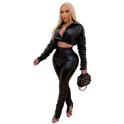 S-2XL Women Fashion PU Leather Solid Color Lapel Top And Crease Pants Two Pieces Set