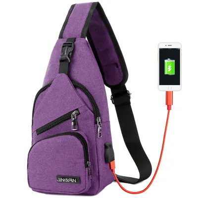 Men USB Charging Travel Chest Pack Canvas Leisure Single Shoulder Bag