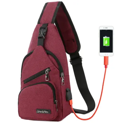 Men USB Charging Travel Chest Pack Canvas Leisure Single Shoulder Bag