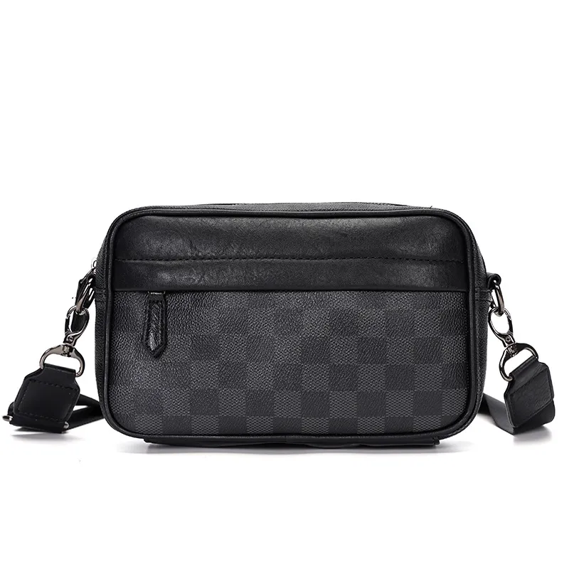 Men Fashion Plaid Print Small Crossbody Bag PU Leather Casual Shoulder Bag Horizontal Square Shape