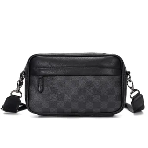 Men Fashion Plaid Print Small Crossbody Bag PU Leather Casual Shoulder Bag Horizontal Square Shape