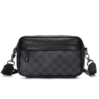 Men Fashion Plaid Print Small Crossbody Bag PU Leather Casual Shoulder Bag Horizontal Square Shape