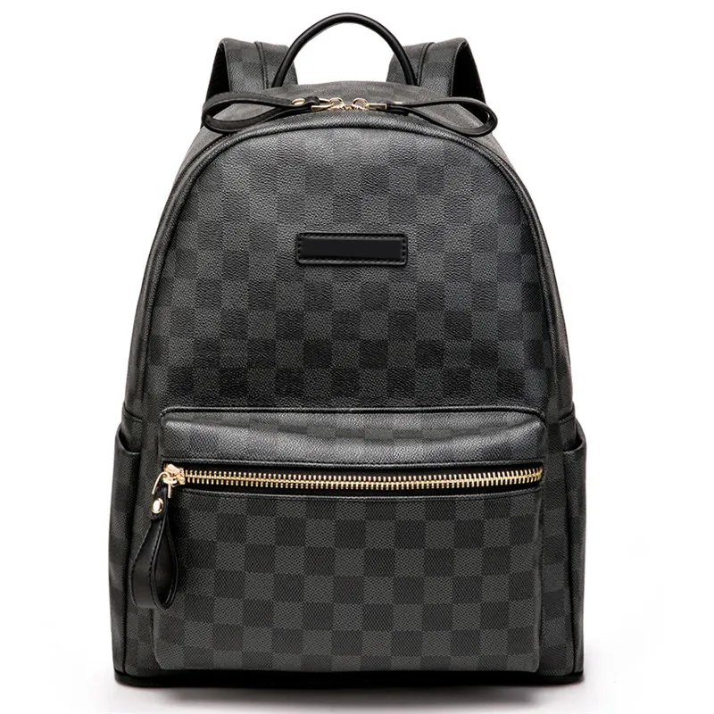 Men Fashion Plaid Print Zipper PU Backpacks Street Style