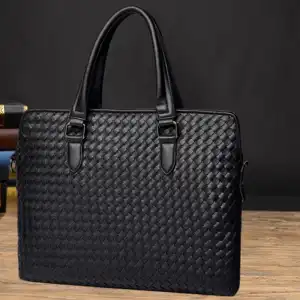 Men Fashion Woven Zipper Portable Large Capacity Business Briefcase with Plaid Pattern