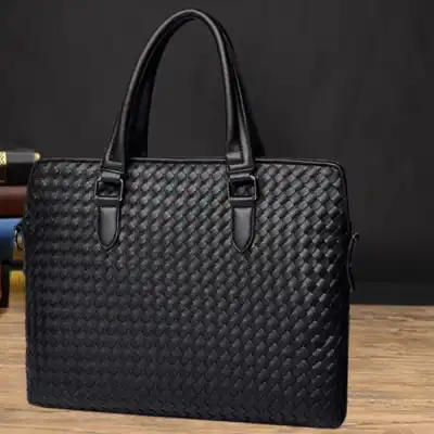 Men Fashion Woven Zipper Portable Large Capacity Business Briefcase with Plaid Pattern