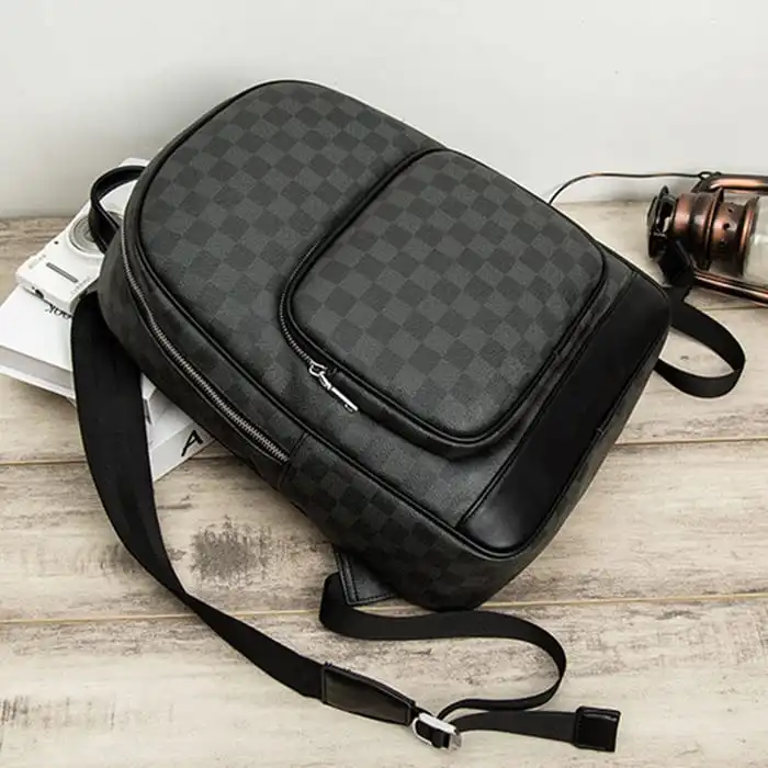 Men Classic Plaid Large Capacity PU Backpack with Curved Straps