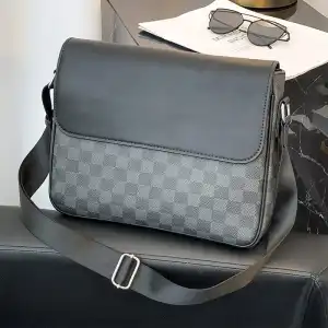 Men Fashion Business Large Capacity Zipper Checkered PU Leather Bag