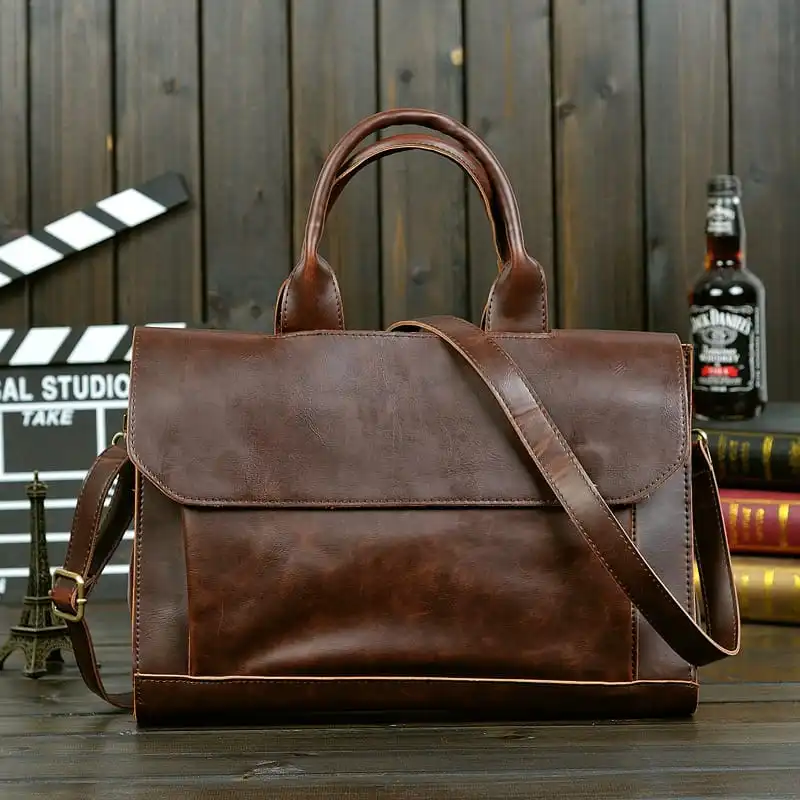 Men Vintage PU Square Shape Flap Handbag Business Crossbody Bag