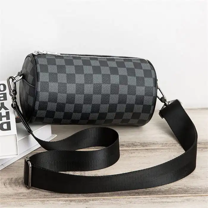 Men Fashion Checkered Pattern Zipper Round Crossbody Bags