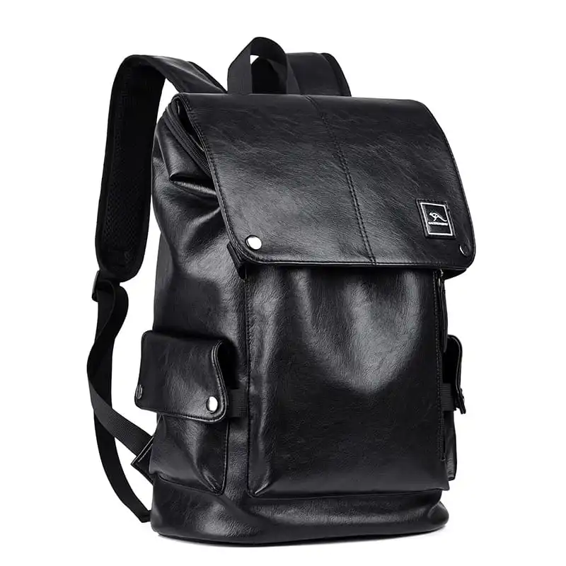 Men Fashion Urban Leisure Large Capacity PU Leather Backpack with Rain Cover
