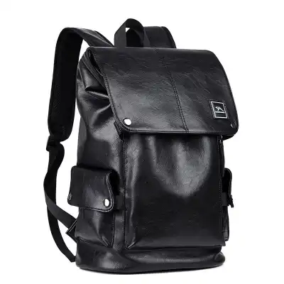 Men Fashion Urban Leisure Large Capacity PU Leather Backpack with Rain Cover