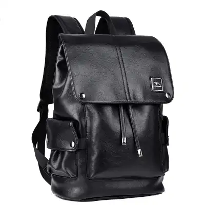 Men Fashion Urban Leisure Large Capacity PU Leather Backpack with Rain Cover