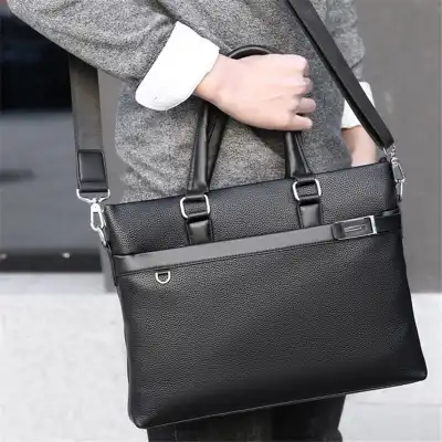 Men Fashion Solid Color Zipper Large Capacity Dismountable Strap Briefcase