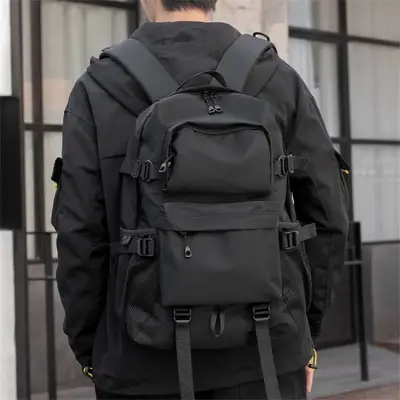 Men Casual Black Street Fashion Large Capacity Zipper Backpack Oxford Cloth