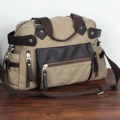 Men Casual Zipper Canvas Handle Bag Large Capacity Horizontal Square
