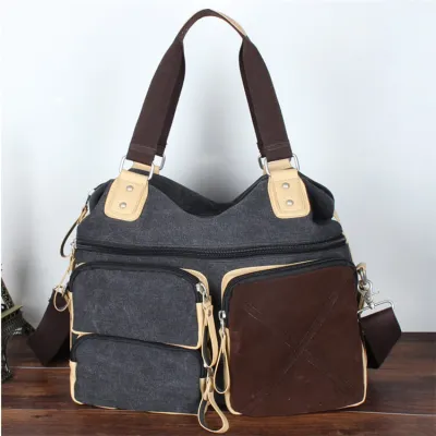 Men Unique Retro Zipper Large Capacity Multi-pocket Handle Canvas Bag