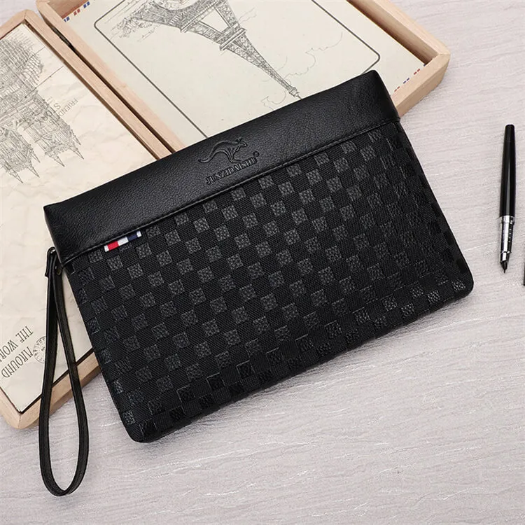 Men Fashion Checkered Zipper Briefcases with Synthetic Leather and Polyester Lining