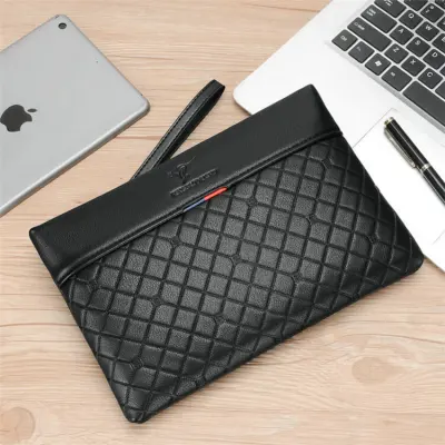 Men Fashion Rhomb Lattice Kangaroo Embossing Zipper Briefcases