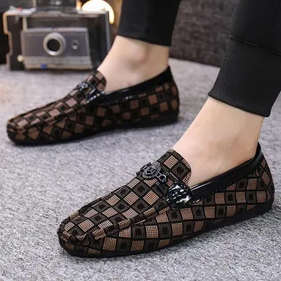 Size:6.5-10 Men Fashion Plaid Printing Patchwork Slip On Loafers