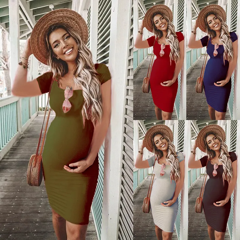 S-XL Women Solid Color Short Sleeve Maternity Dress