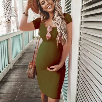 S-XL Women Solid Color Short Sleeve Maternity Dress