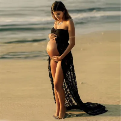 Women Sexy Strapless See-Through Lace Maternity Dress