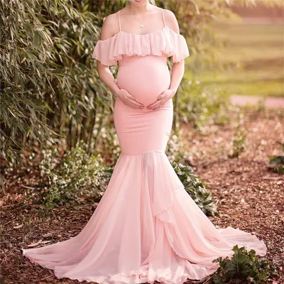S-XL Women Fashion Solid Color Strap Ruffled Maternity Dresses