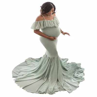 S-XL Women Fashion Solid Color Strap Ruffled Maternity Dresses