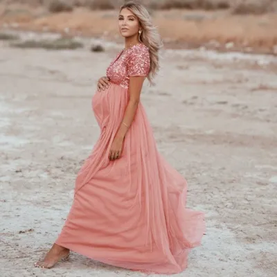 S-XL Elegant V-neck Sequin Mesh Maternity Dress for Women