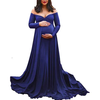 S-XL Women V Neck Off Shoulder Long Sleeve Maxi Maternity Dress