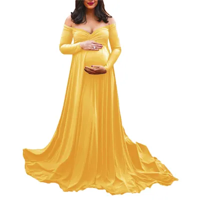 S-XL Women V Neck Off Shoulder Long Sleeve Maxi Maternity Dress