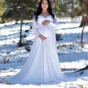 S-XL Women V Neck Off Shoulder Long Sleeve Maxi Maternity Dress