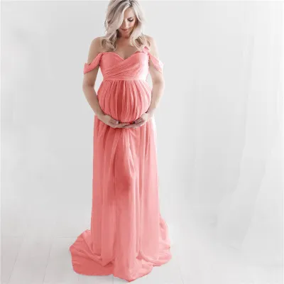 S-XL Women Off-Shoulder Mesh Maternity Dress