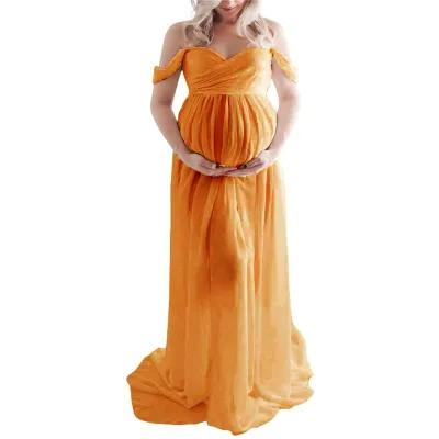 S-XL Women Off-Shoulder Mesh Maternity Dress