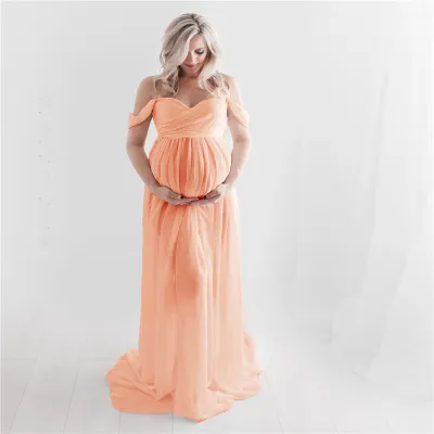 S-XL Women Off-Shoulder Mesh Maternity Dress