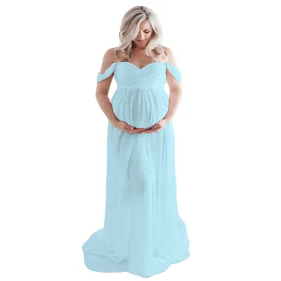 S-XL Women Off-Shoulder Mesh Maternity Dress