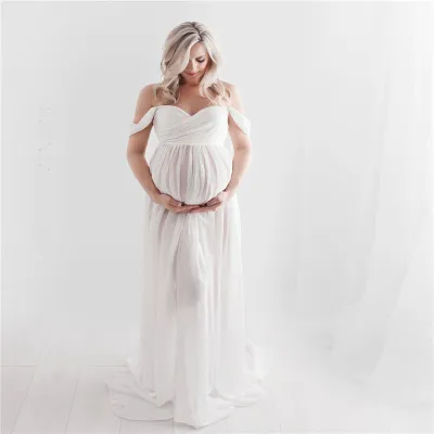 S-XL Women Off-Shoulder Mesh Maternity Dress
