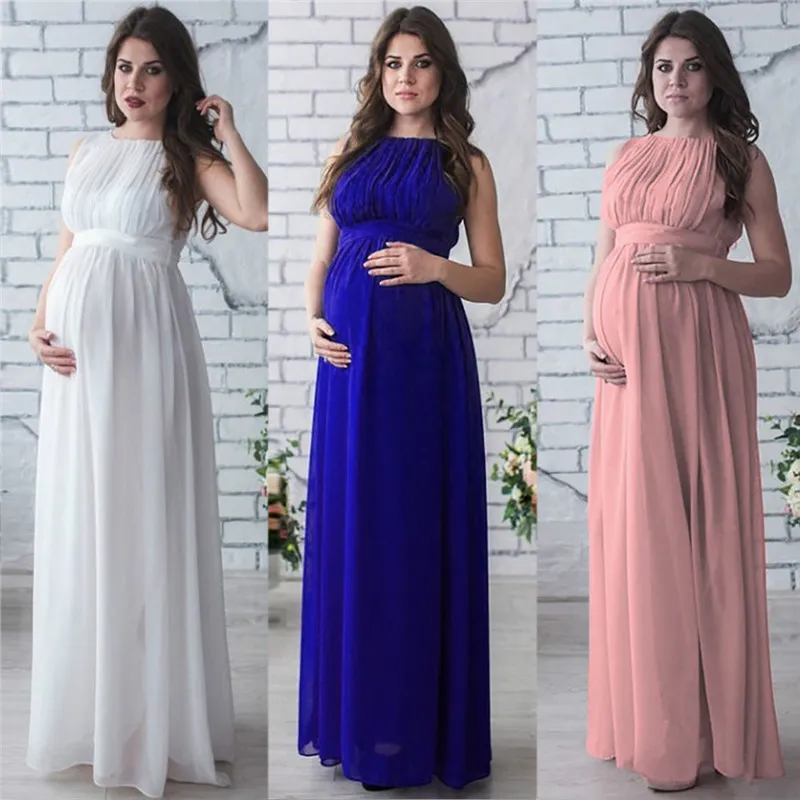 S-XXL Women Solid Color Sleeveless Round Neck Chiffon Maternity Dress