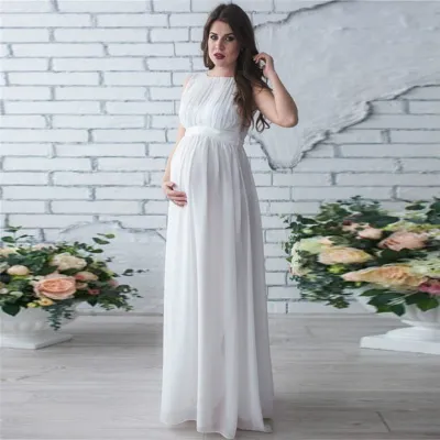 S-XXL Women Solid Color Sleeveless Round Neck Chiffon Maternity Dress