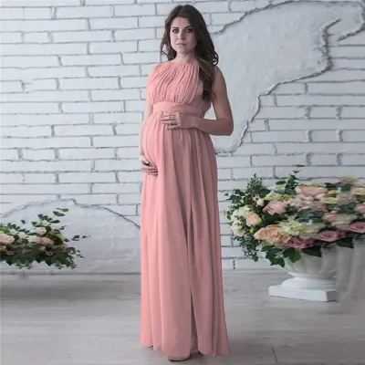 S-XXL Women Solid Color Sleeveless Round Neck Chiffon Maternity Dress