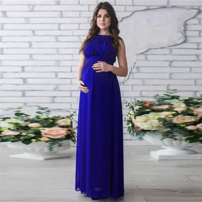 S-XXL Women Solid Color Sleeveless Round Neck Chiffon Maternity Dress