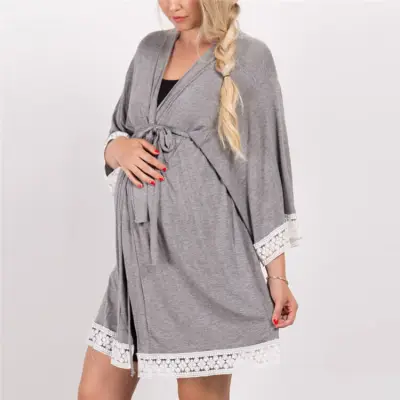 S-3XL Women Lace Patchwork Crop Sleeve Maternity Night-robe