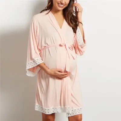 S-3XL Women Lace Patchwork Crop Sleeve Maternity Night-robe